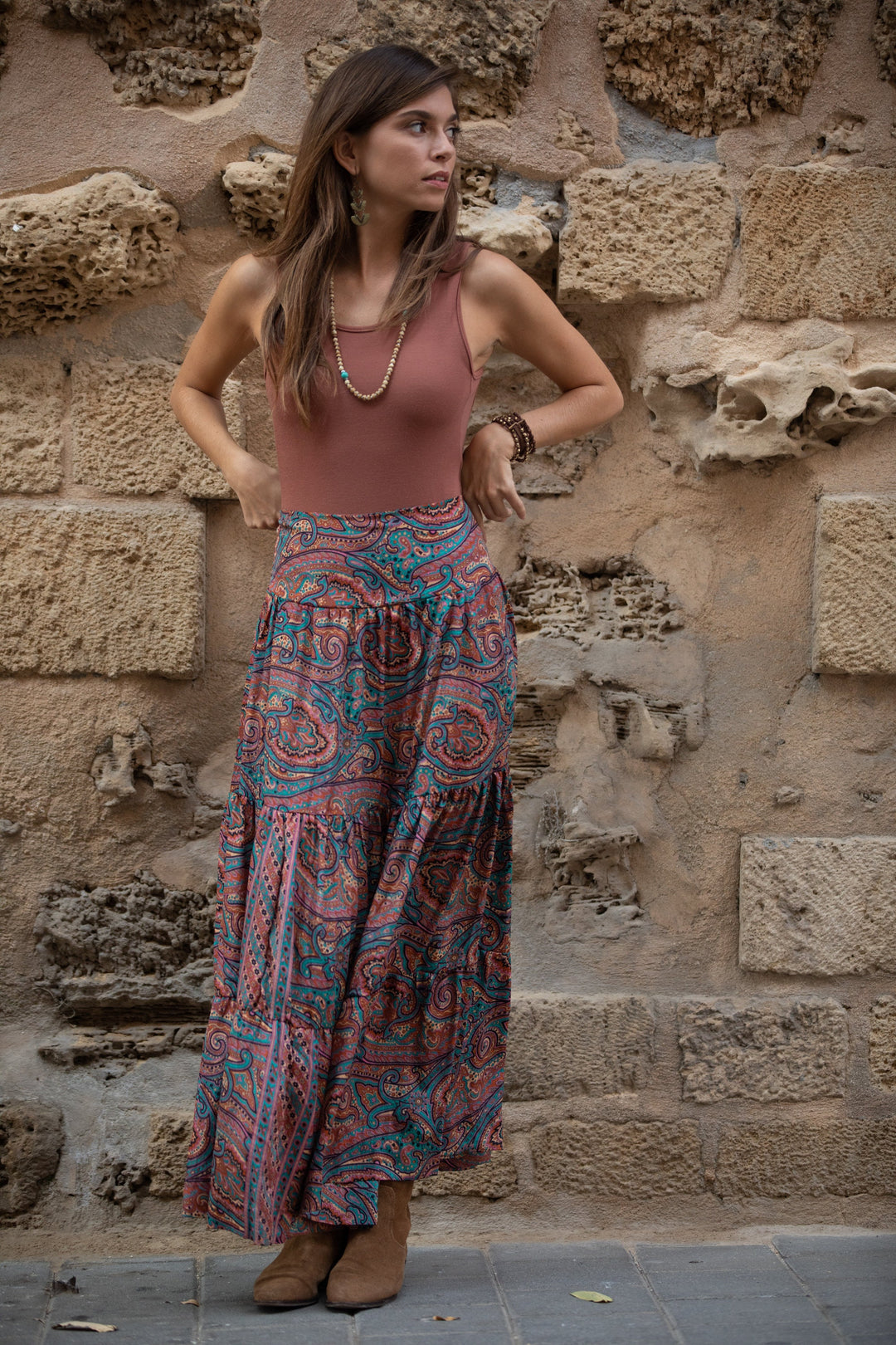 Boho Maxi Skirt - Terracotta Paisley