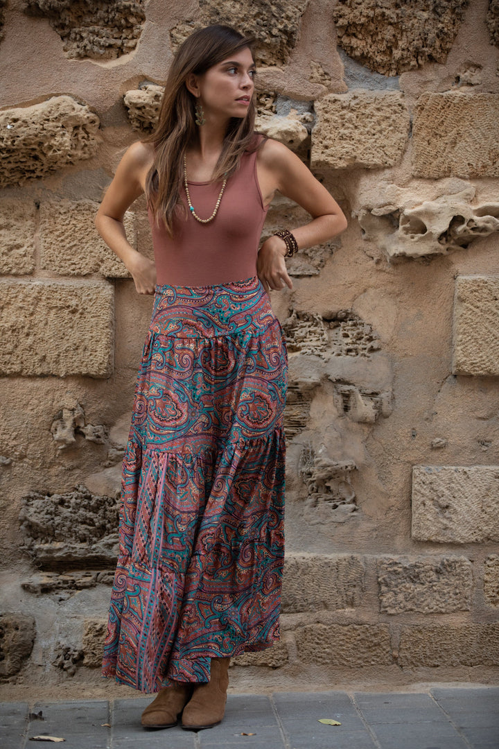 Boho Maxi Skirt - Terracotta Paisley