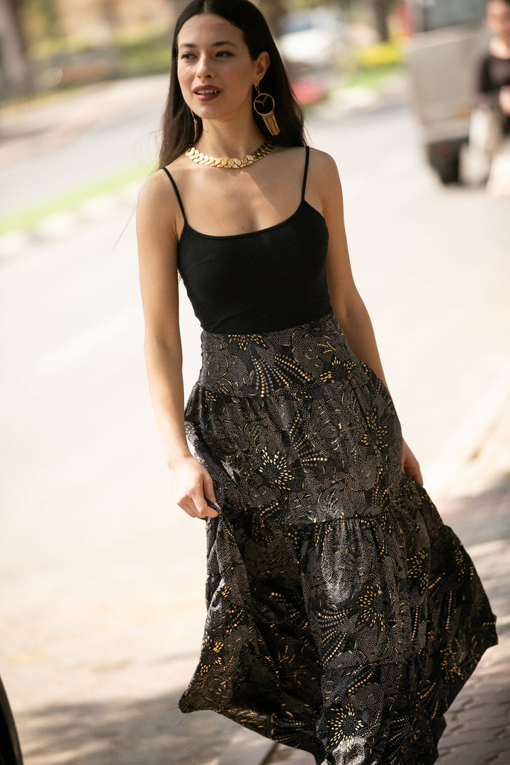 Boho Maxi Skirt - Black & Gold Sparkly