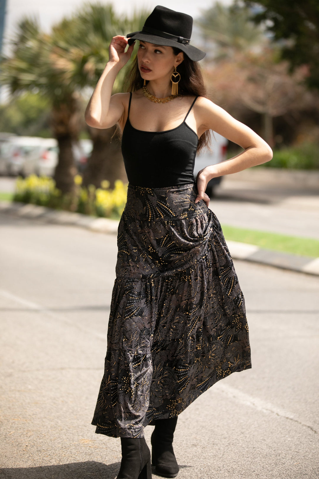 Boho Maxi Skirt - Black & Gold Sparkly