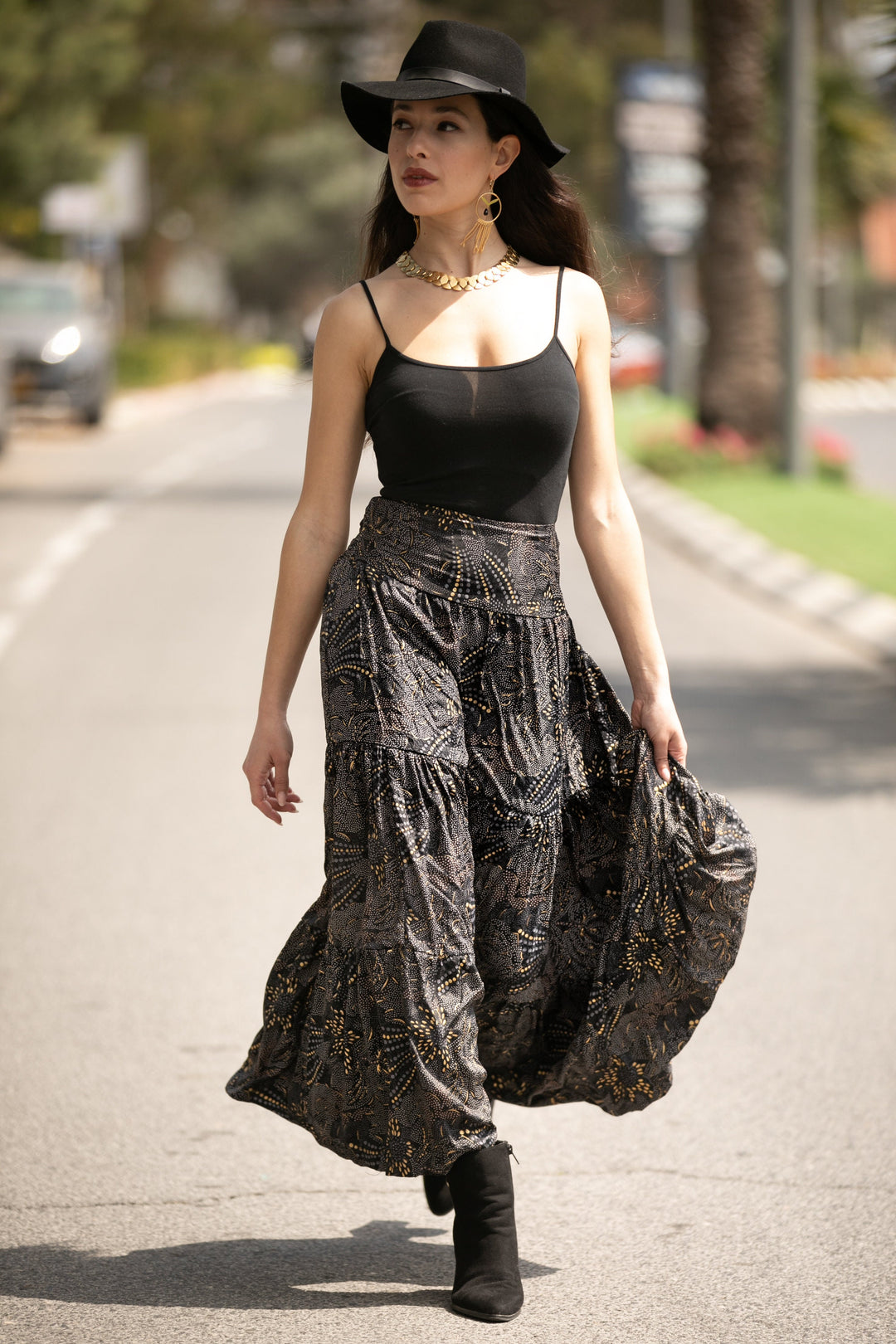 Boho Maxi Skirt - Black & Gold Sparkly