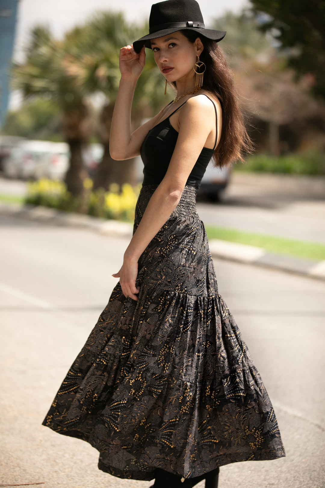 Boho Maxi Skirt - Black & Gold Sparkly