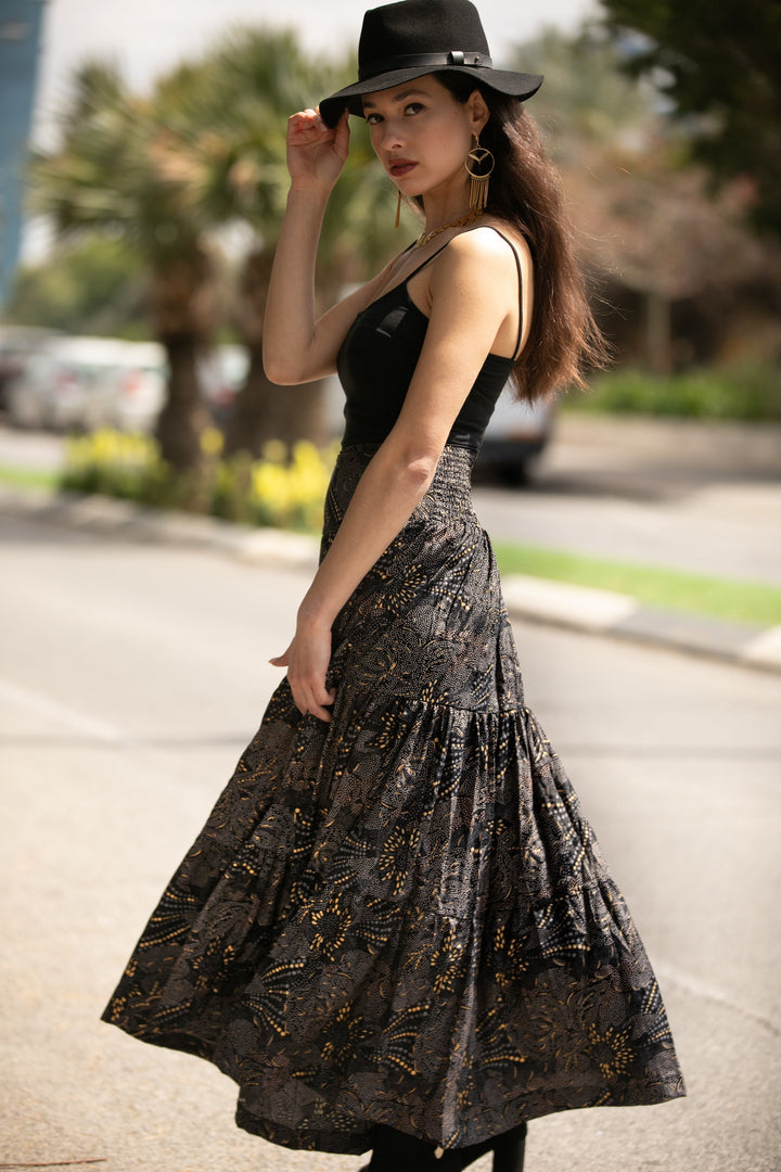 Boho Maxi Skirt - Black & Gold Sparkly