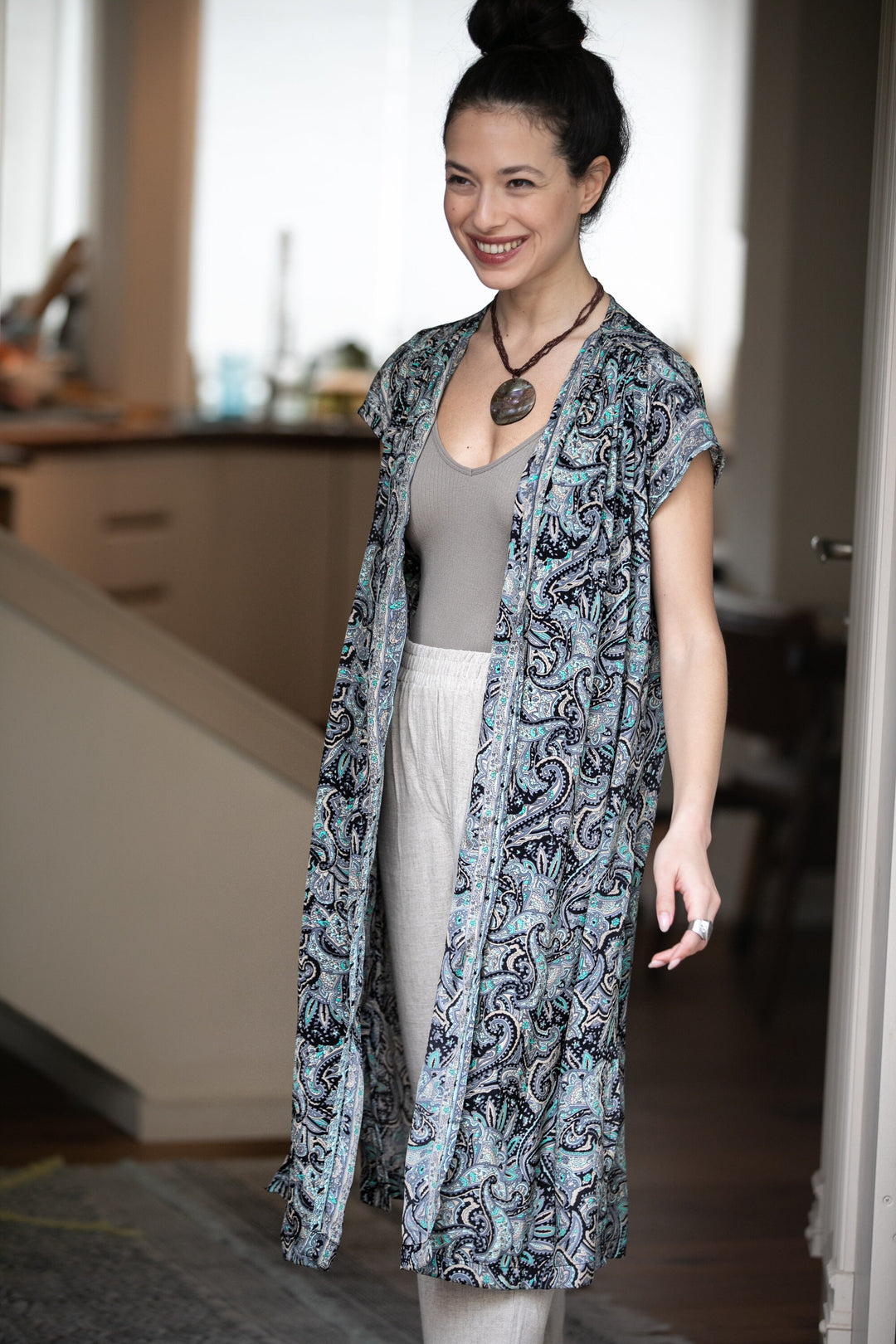 Kim Cardigan - Black & Turquoise Paisley