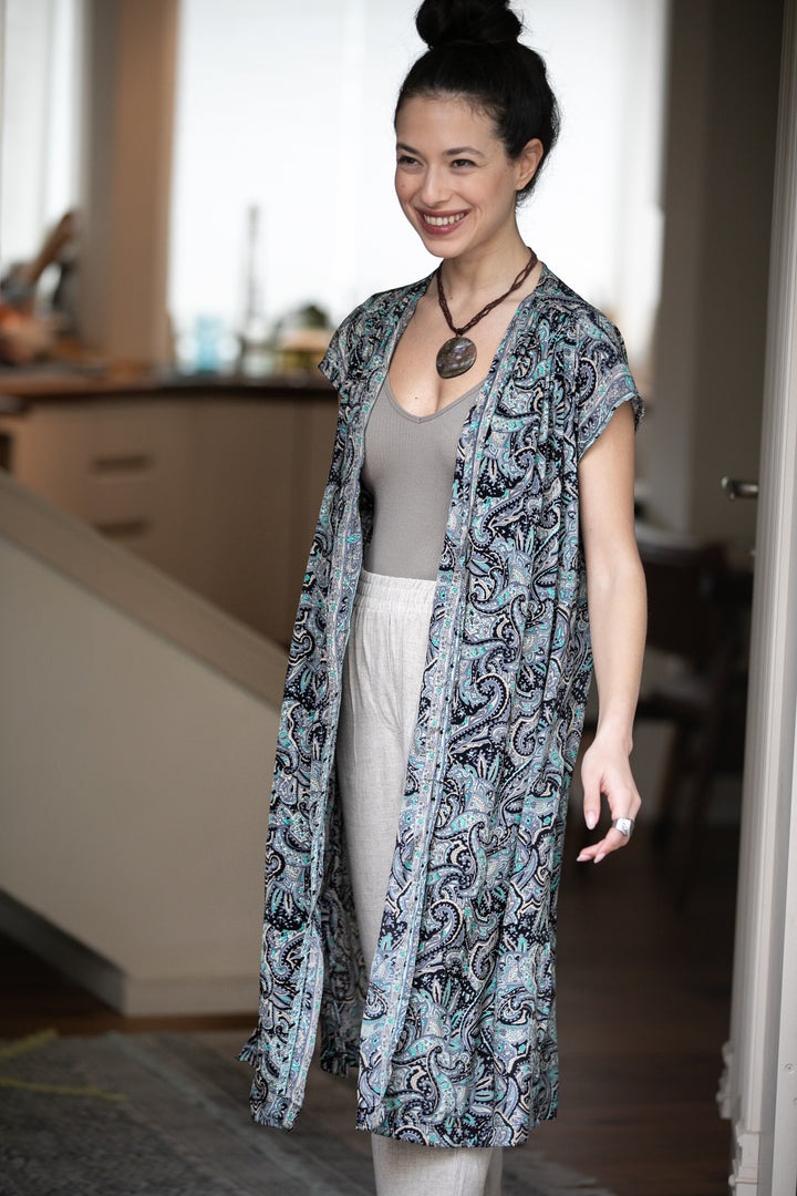Kim Cardigan - Black & Turquoise Paisley