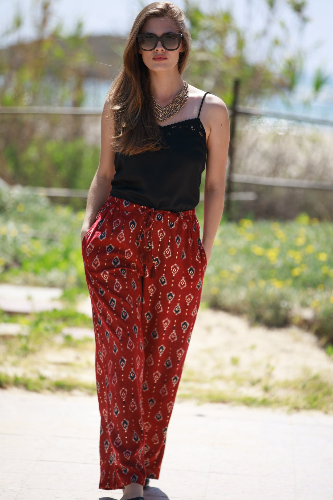 Gabi Pants - Deep Red & Gold