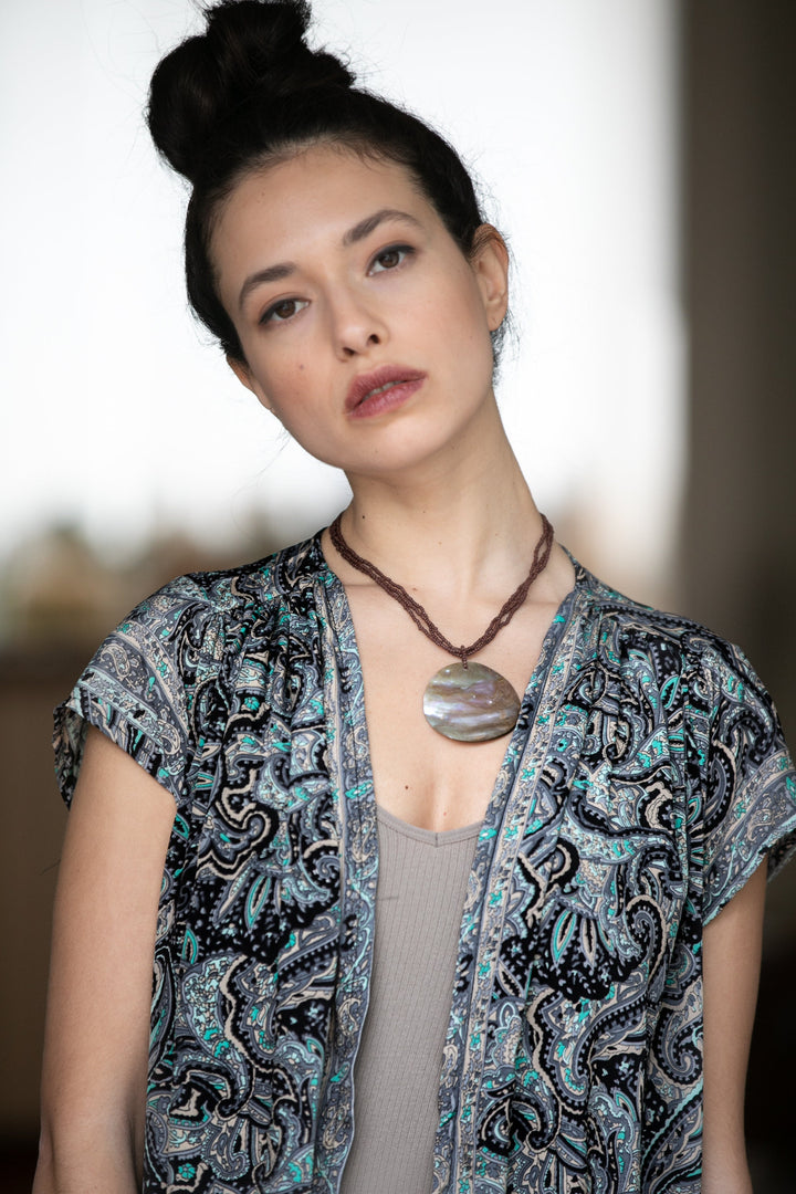 Kim Cardigan - Black & Turquoise Paisley