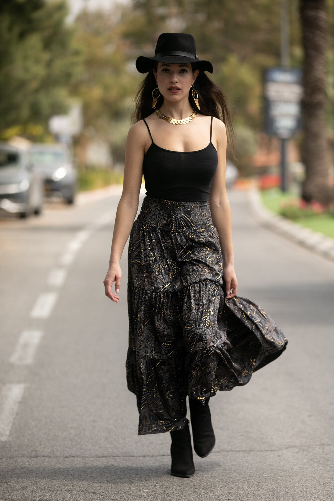 Boho Maxi Skirt - Black & Gold Sparkly