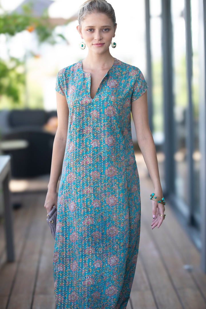 boho chic roses print Turquoise shirt caftan dress women