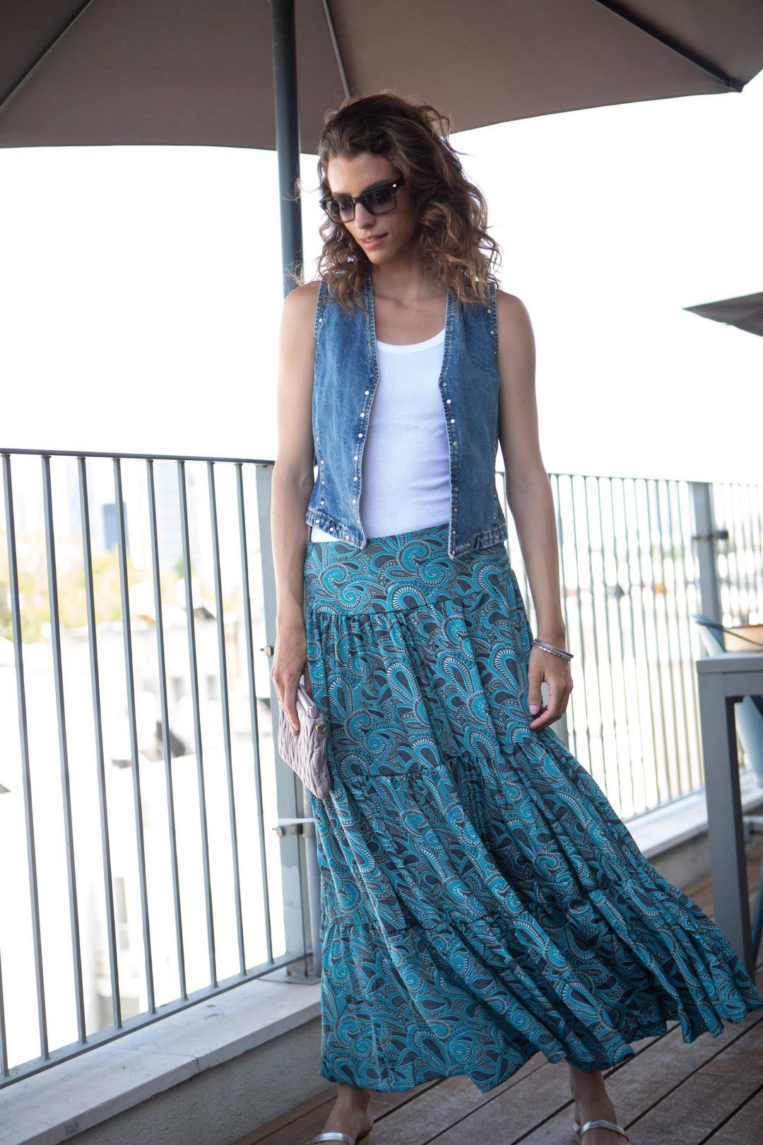 Light Blue Tiered Flared Casual Maxi Skirt, Hippie Gypsy Boho Chic Long Skirt, Women High Waist Maxi Skirt, Elastic Waist Band Ethnic Skirt