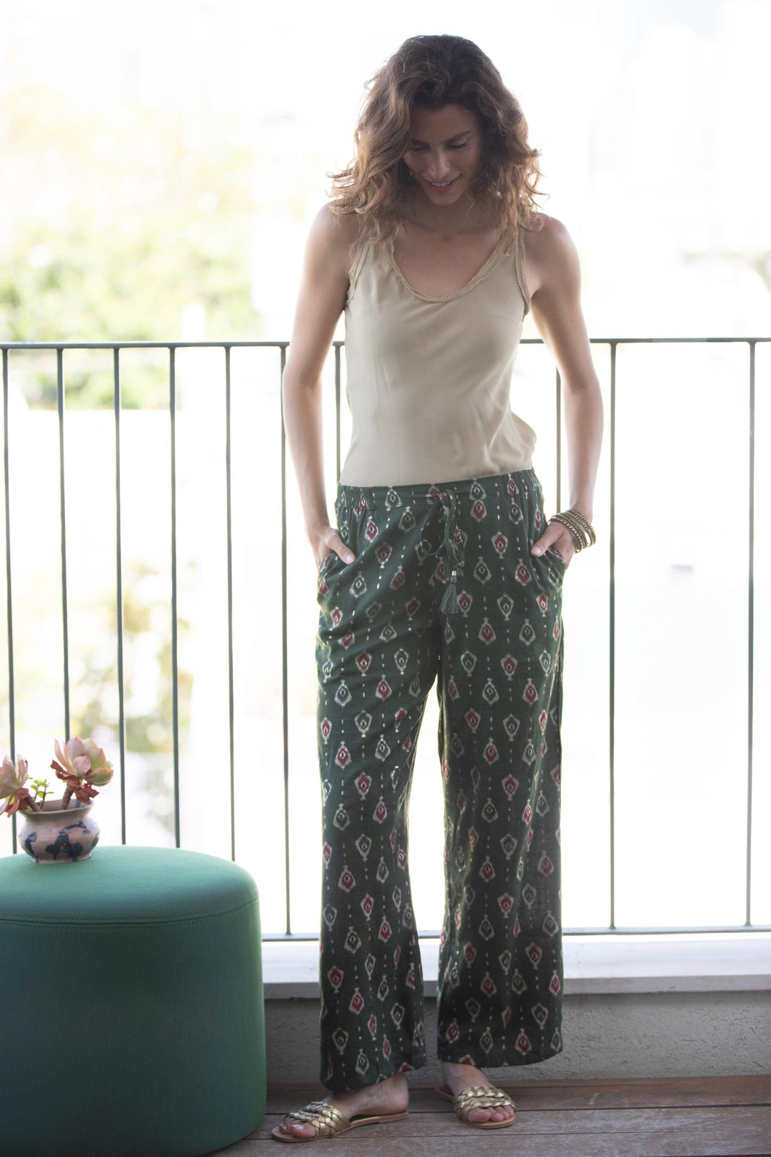 Gabi Pants - Bottle Green & Gold
