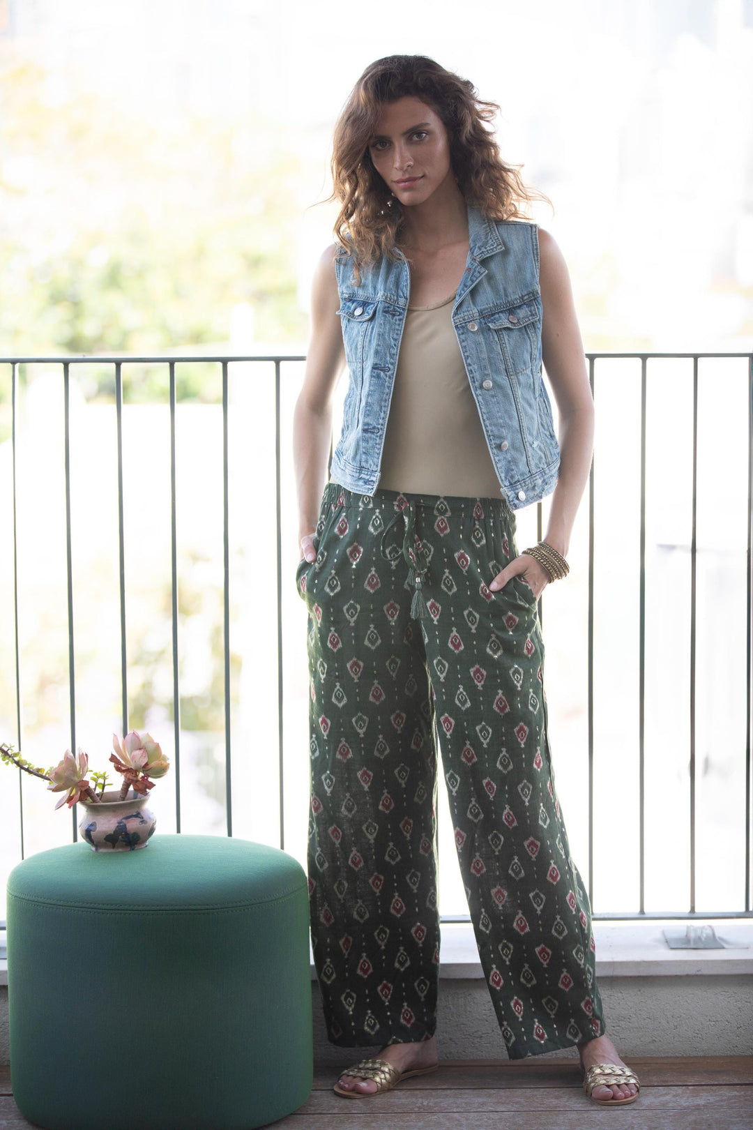 Gabi Pants - Bottle Green & Gold