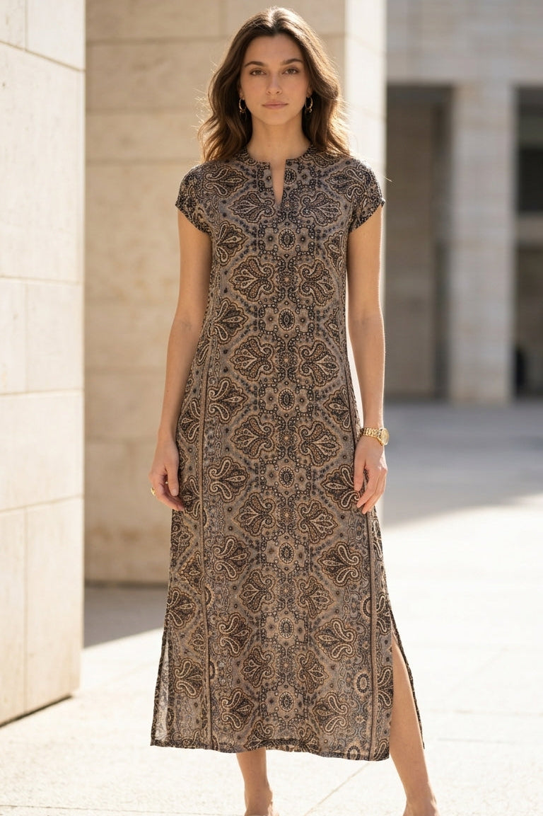 Leyla Dress - Paisley Gray & Gold