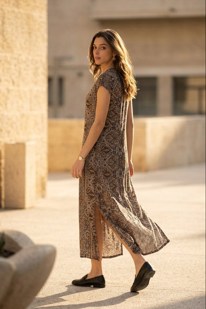 Leyla Dress - Paisley Gray & Gold
