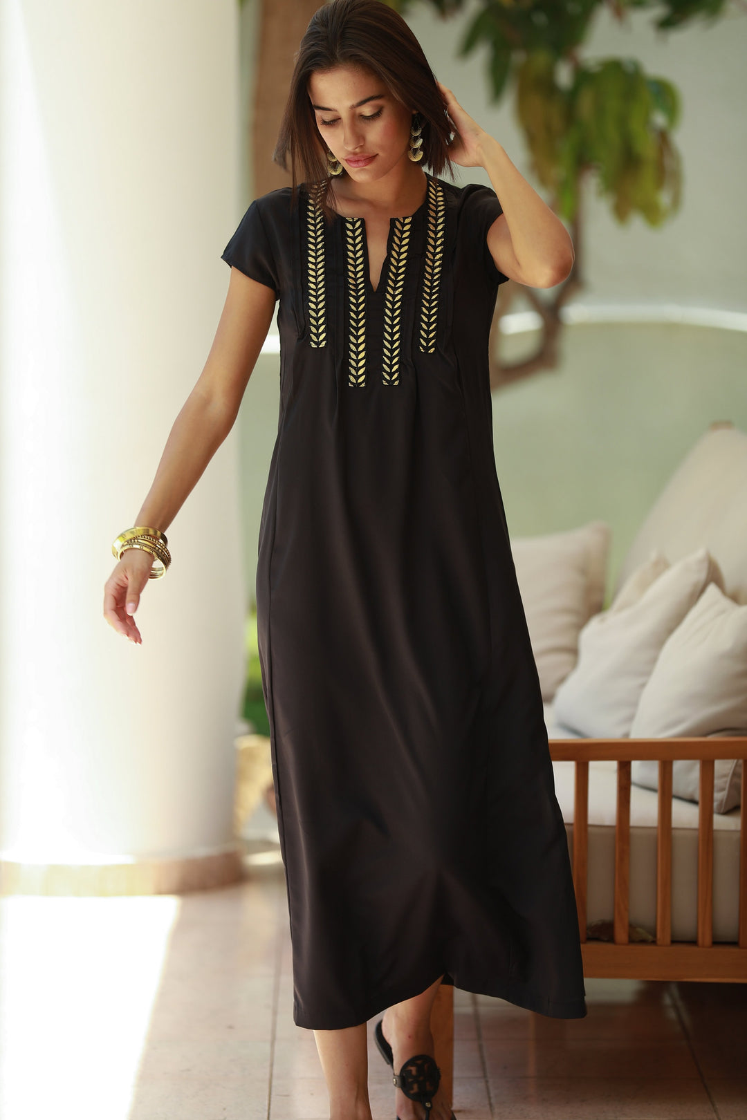Leyla Dress - Black & Gold Embroidery