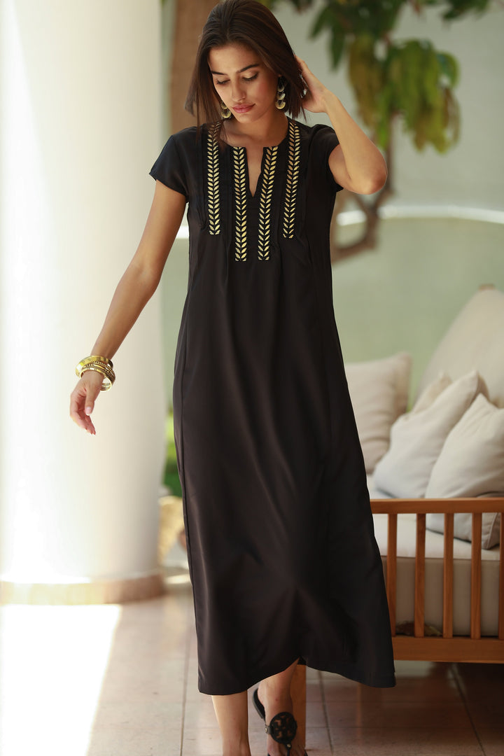 Leyla Dress - Black & Gold Embroidery
