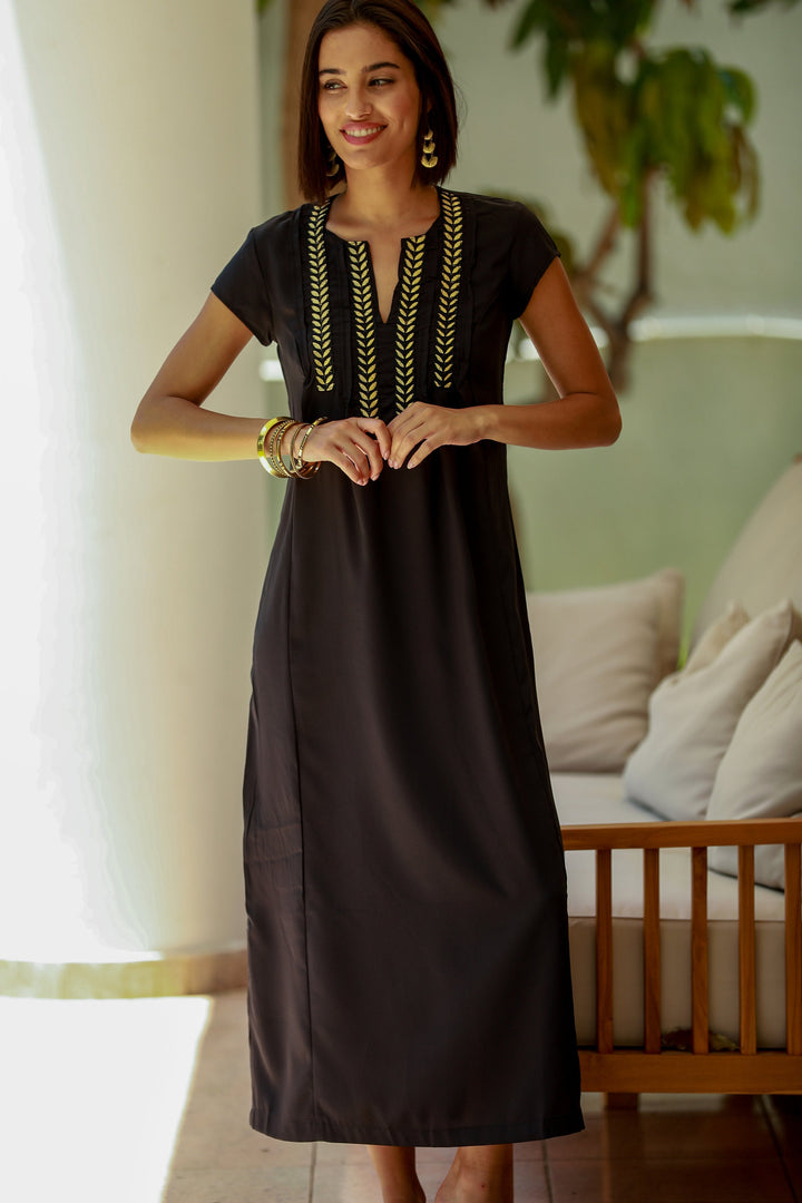 Leyla Dress - Black & Gold Embroidery