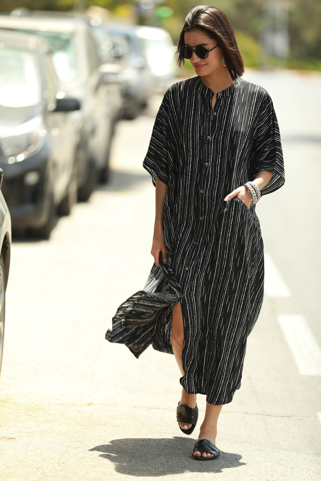 Zohara Caftan - Black & White Stripes
