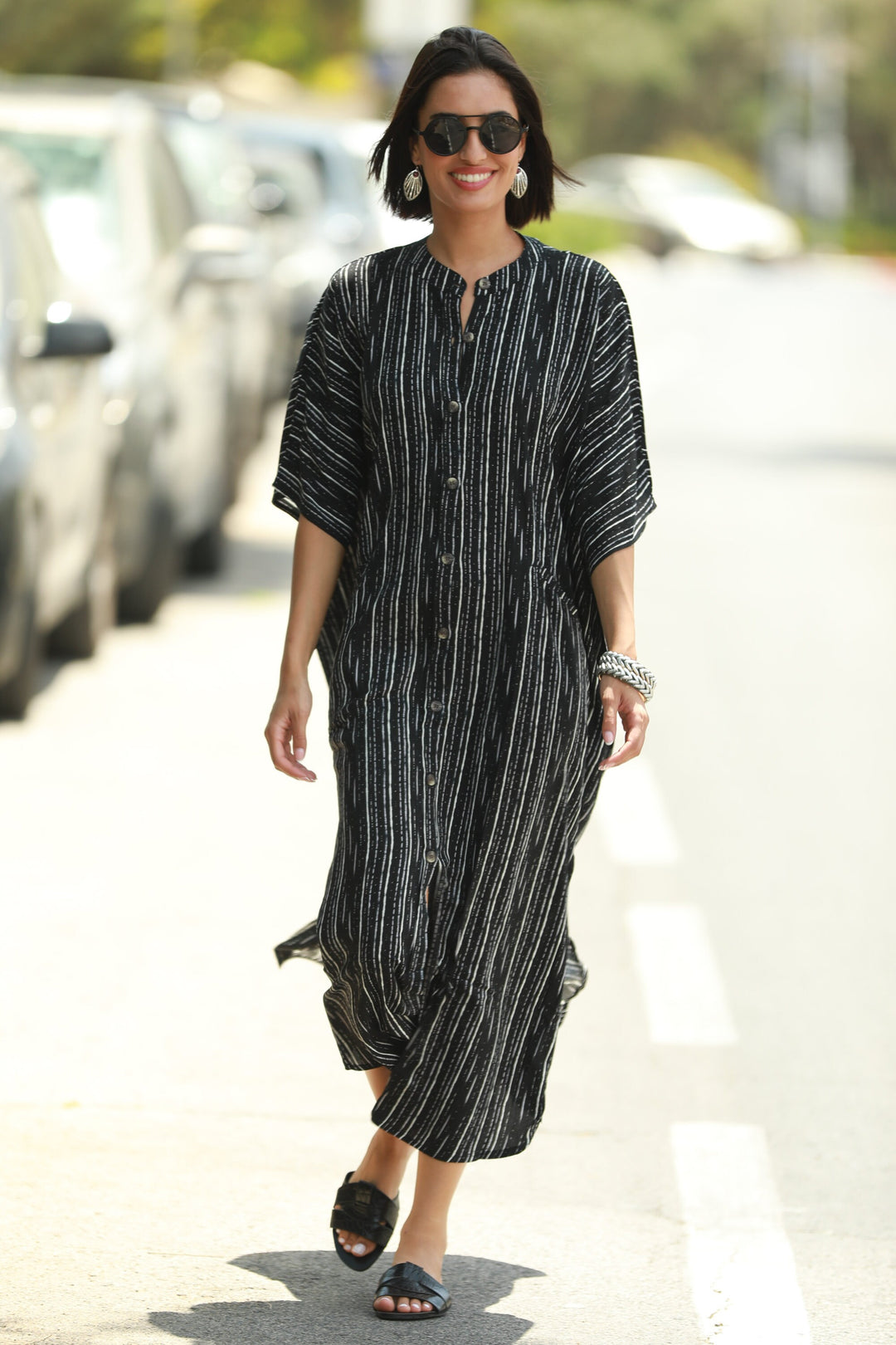 Zohara Caftan - Black & White Stripes