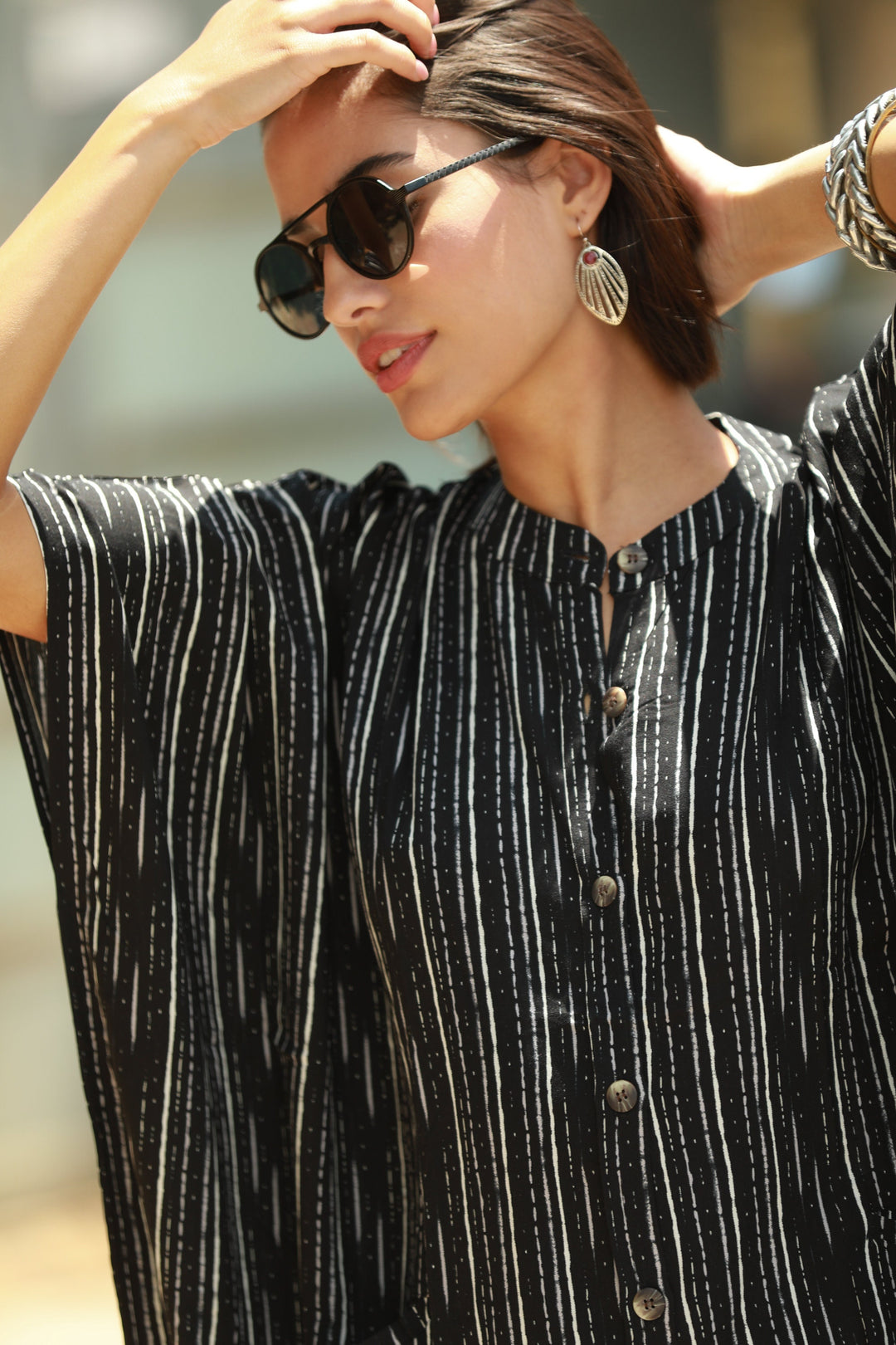 Zohara Caftan - Black & White Stripes