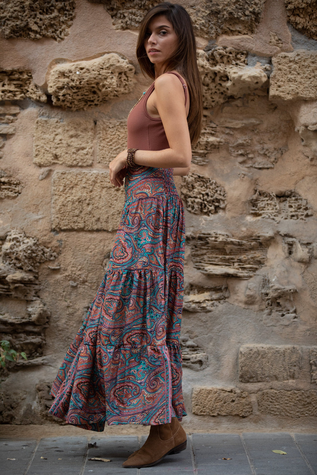 Boho Maxi Skirt - Terracotta Paisley