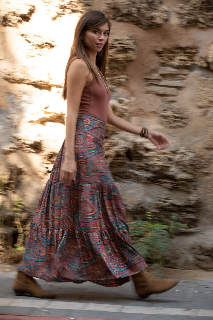 Boho Maxi Skirt - Terracotta Paisley