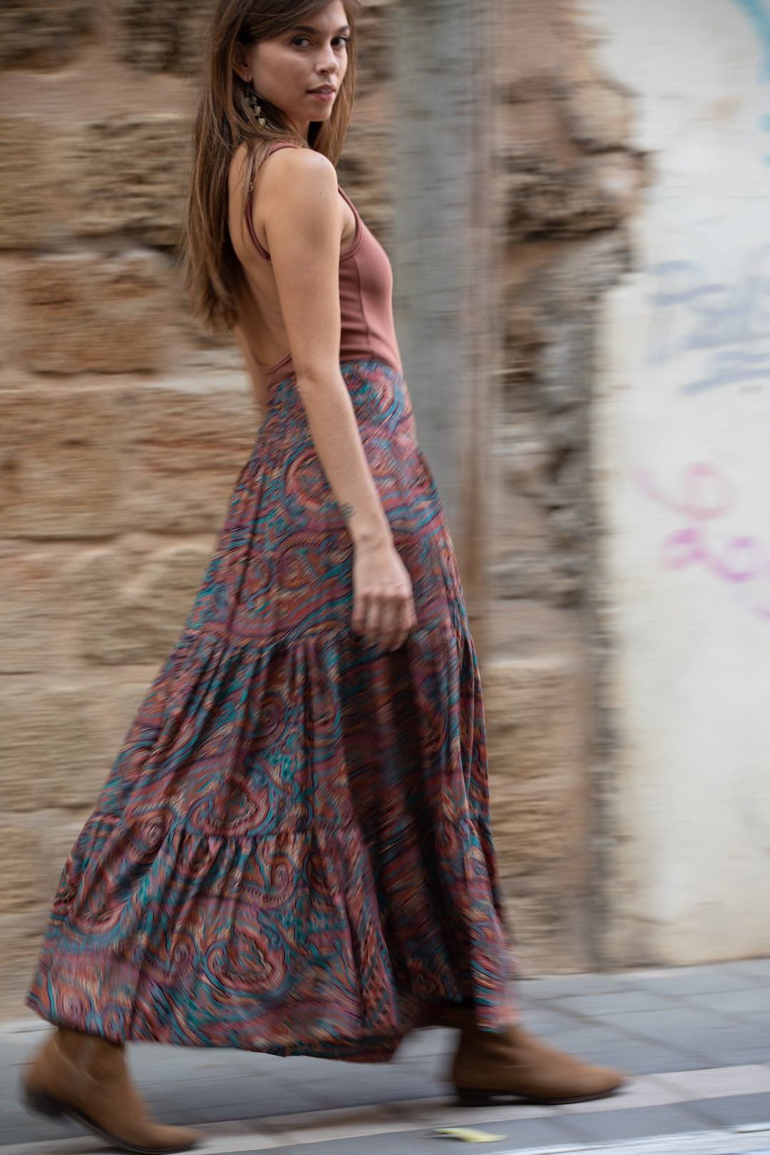 Boho Maxi Skirt - Terracotta Paisley
