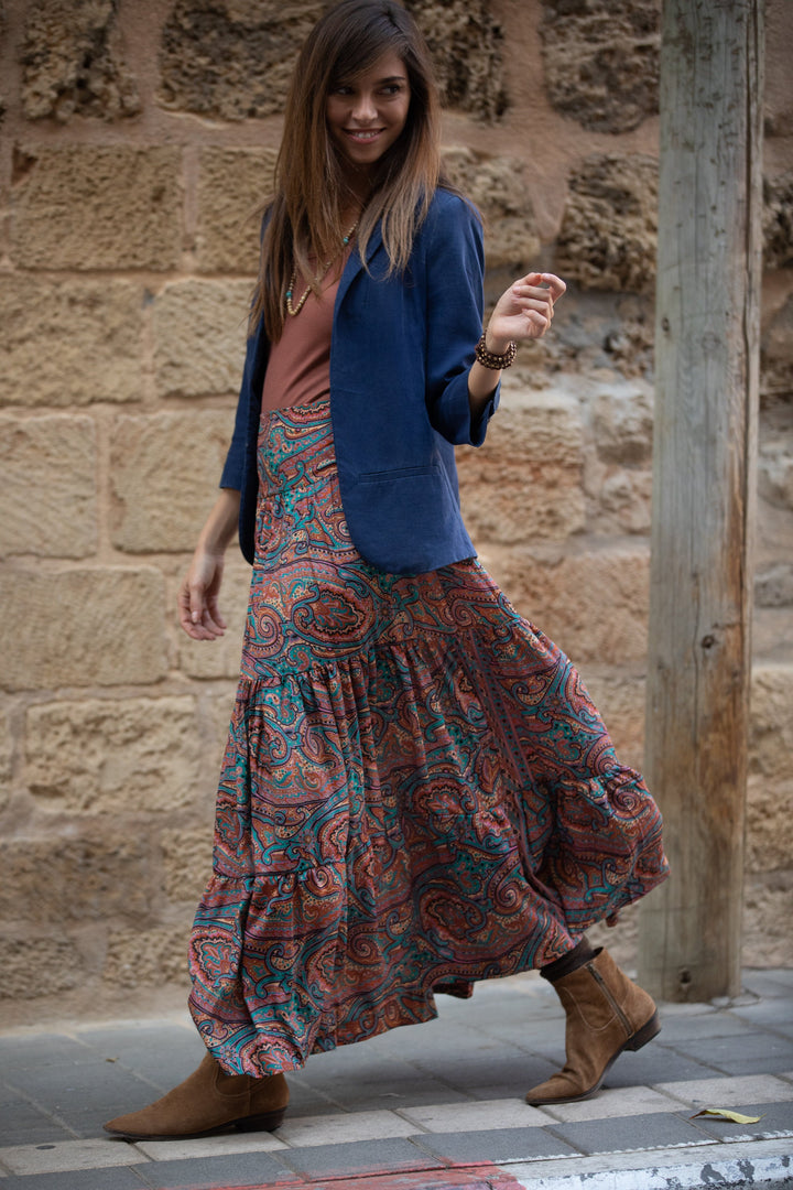 Boho Maxi Skirt - Terracotta Paisley