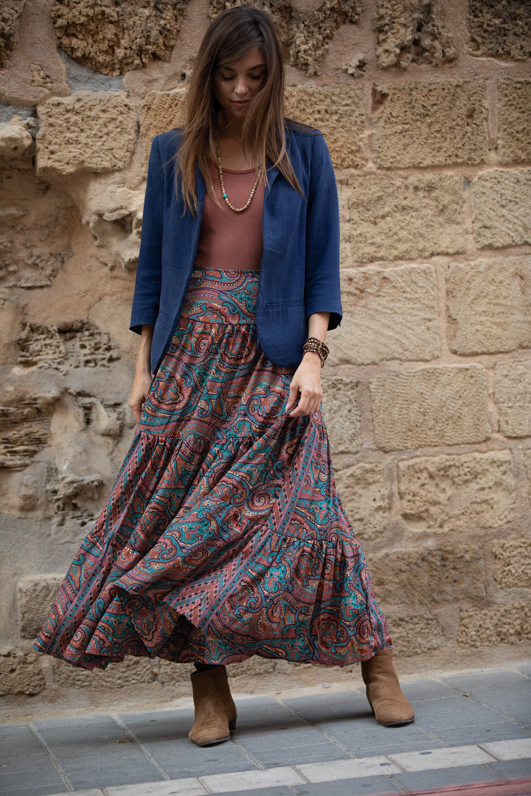 Boho Maxi Skirt - Terracotta Paisley