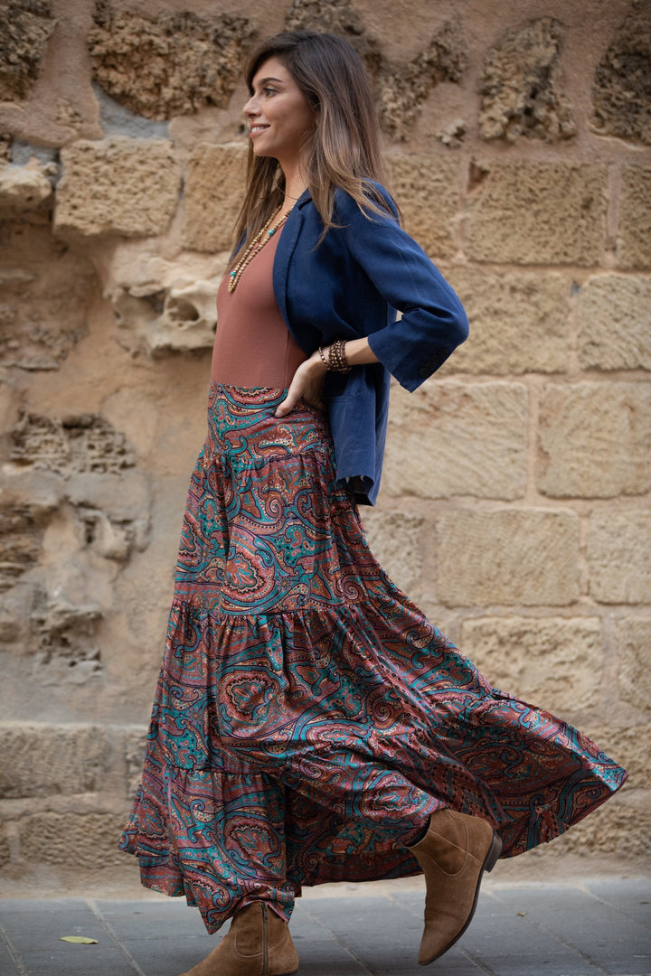 Boho Maxi Skirt - Terracotta Paisley