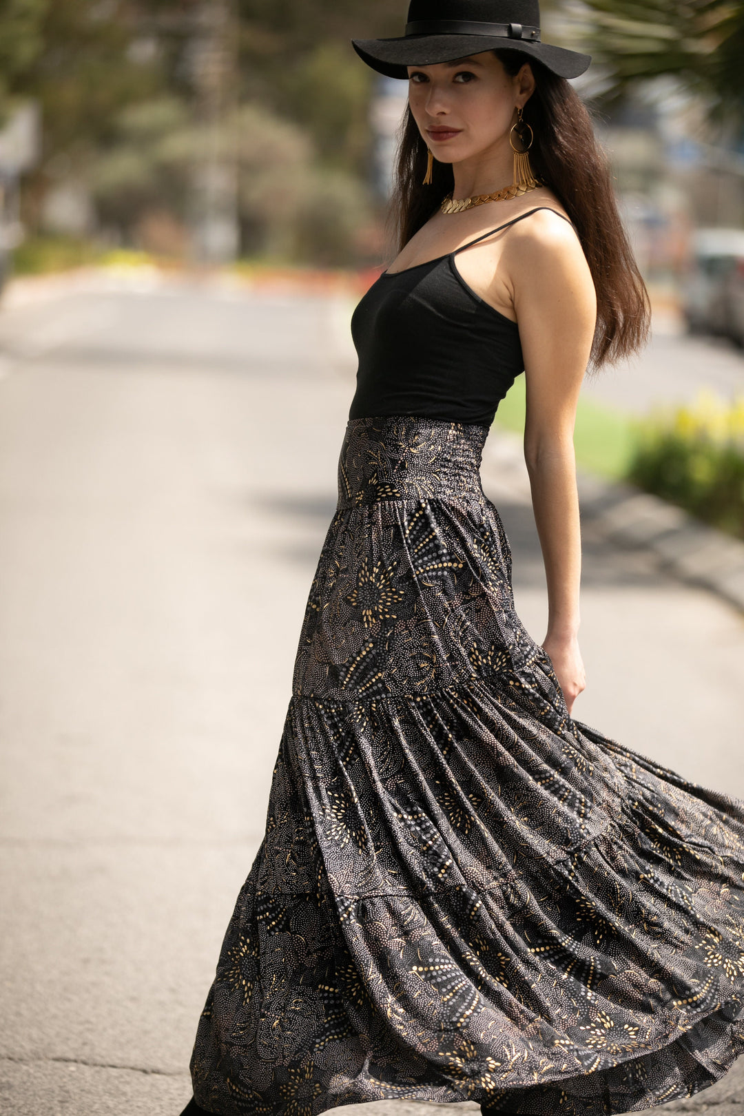 Boho Maxi Skirt - Black & Gold Sparkly