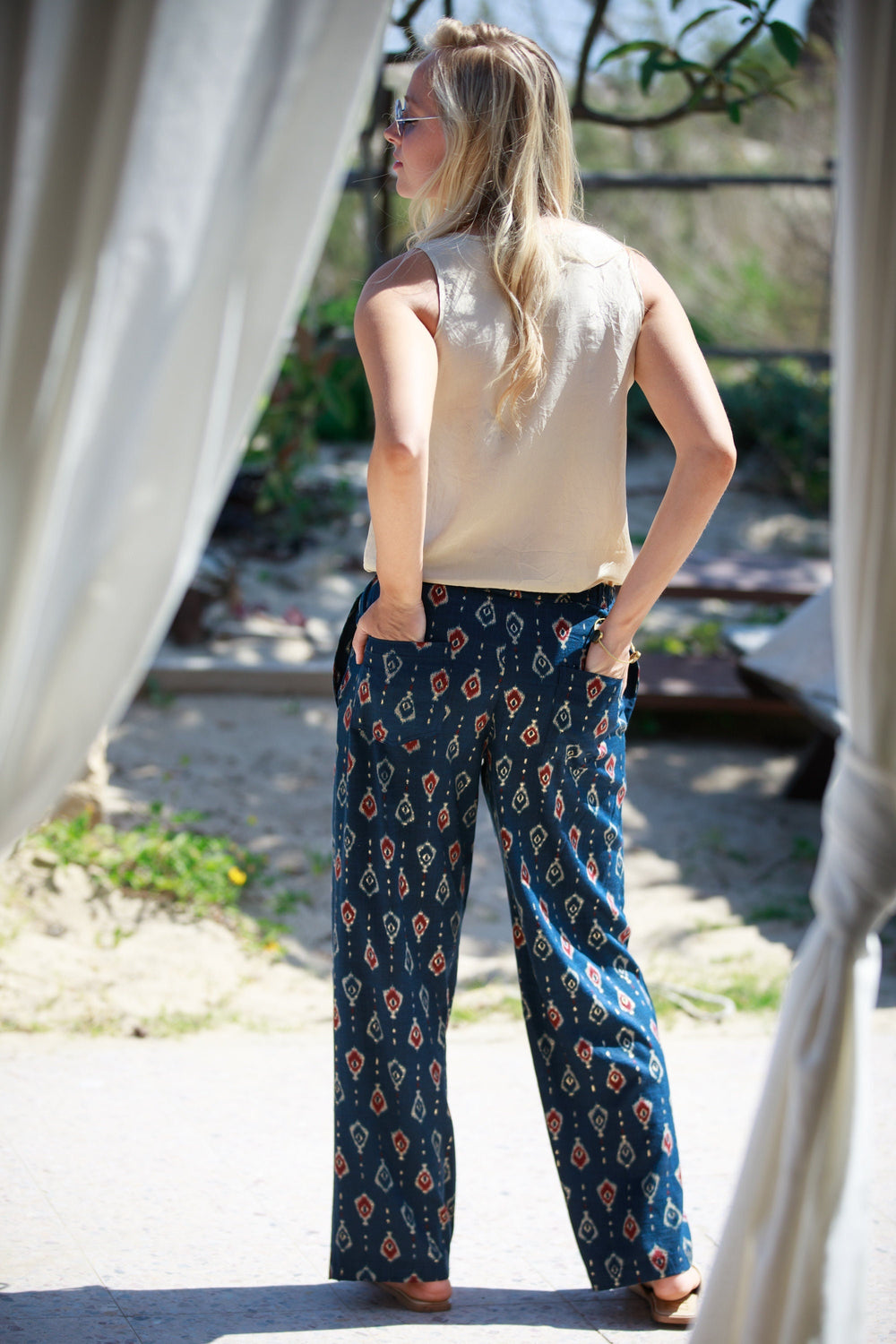 women linen navy blue pants