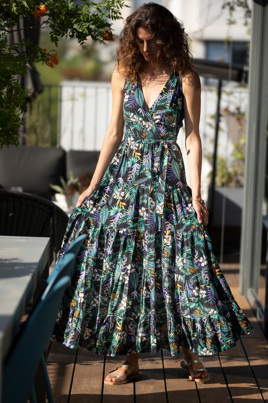 Black tropical print summer boho chic maxi dress