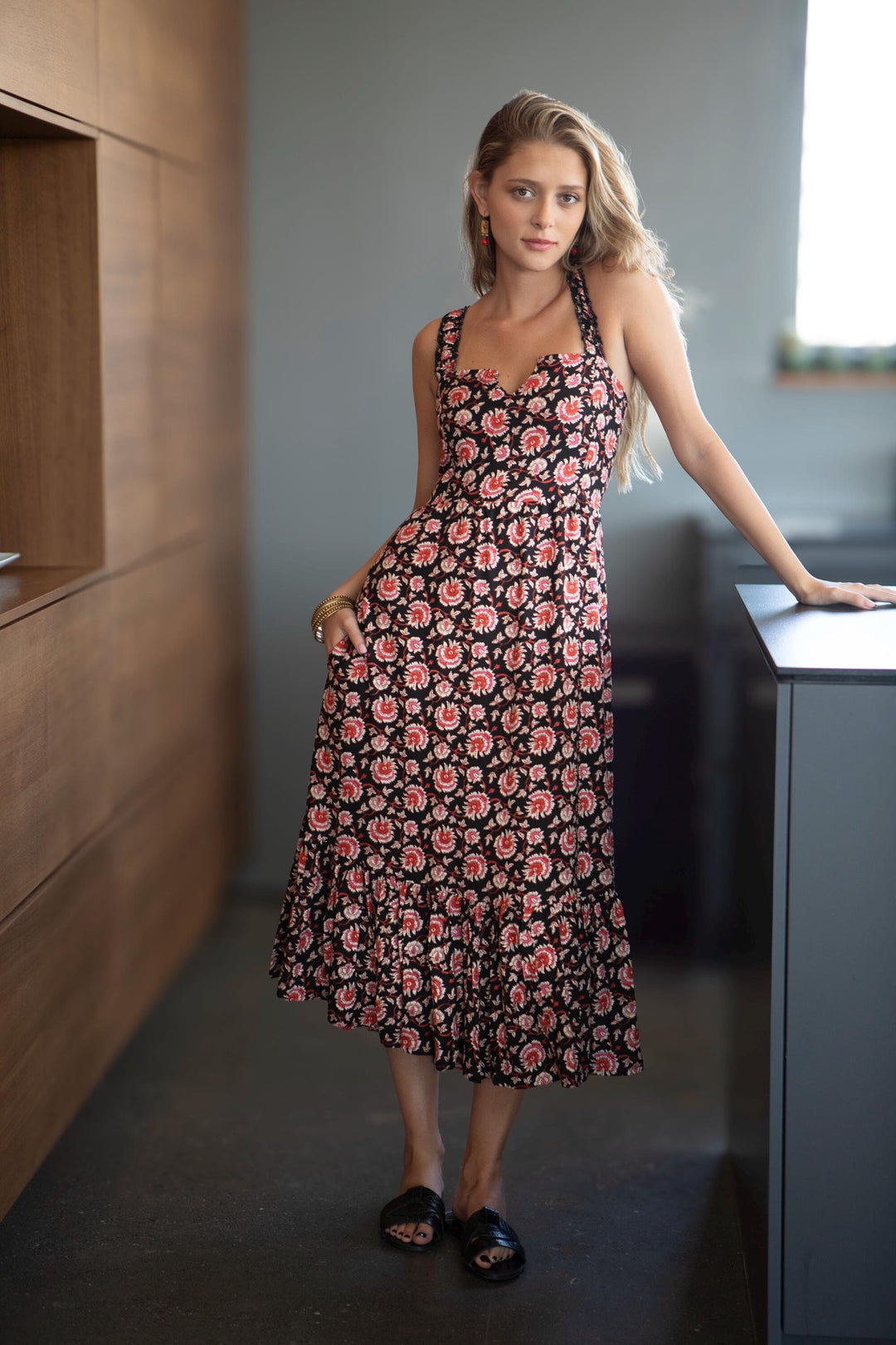 black mid-calf retro chic boho dress