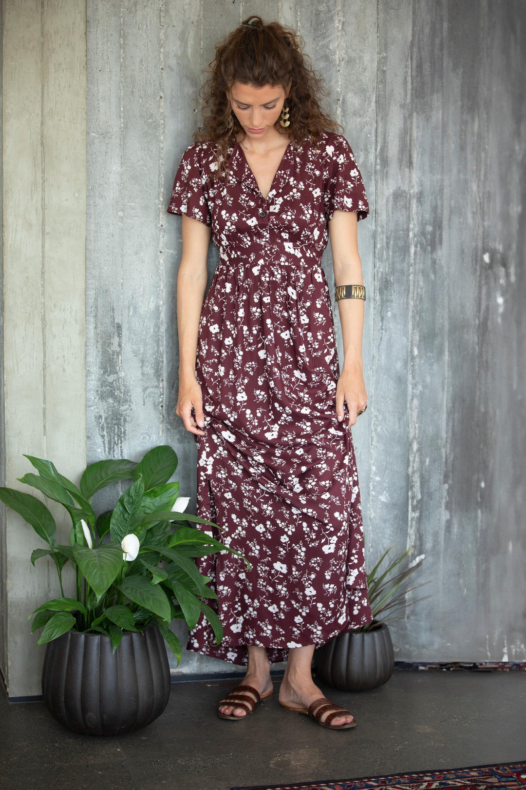short sleeves chocolate brown maxi dress formal office dress